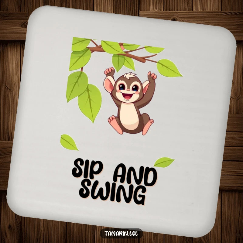 Funny tamarin monkey coaster featuring a primate swinging from a vine, adding a humorous touch to drink protection.