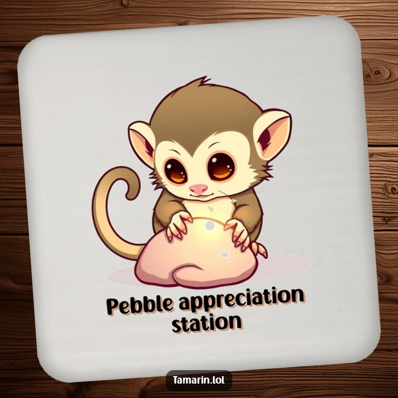 Funny drink coaster set with a curious tamarin character examining a shiny pebble, adding humorous protection to tabletops.