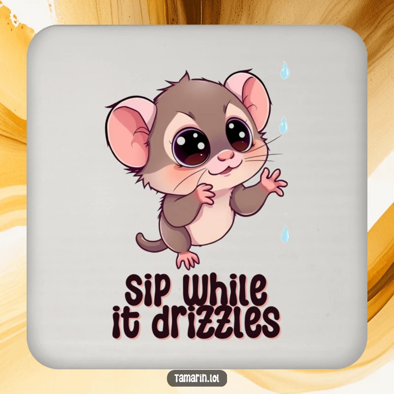 Funny tamarin coaster: a whimsical coaster depicting a monkey catching sparkly rain, protecting furniture with a touch of enchantment.