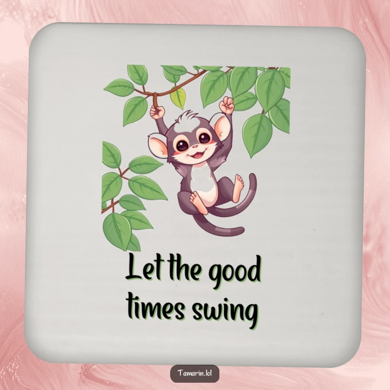 Funny Drink Coaster with a cute tamarin character swinging from a vine, adding playful jungle humor to decor.