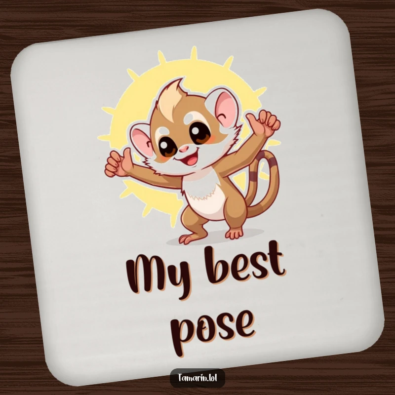Funny tamarin coaster featuring a triumphant monkey striking a pose, designed to protect surfaces with a dose of sunny humor.