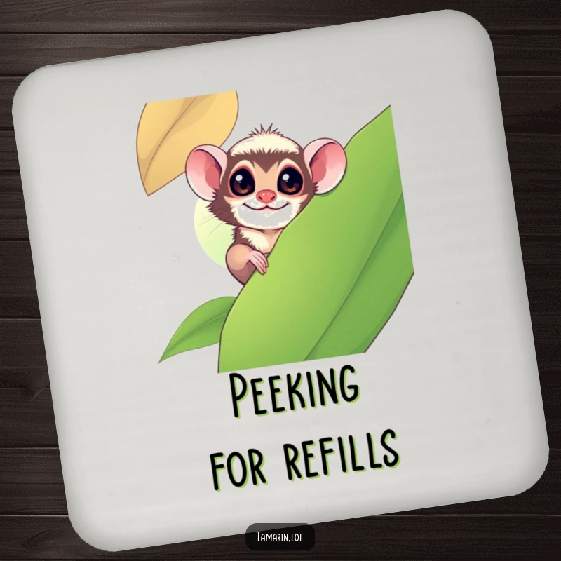 Funny tamarin monkey playfully peeking from behind a large leaf, depicted on a durable drink coaster.