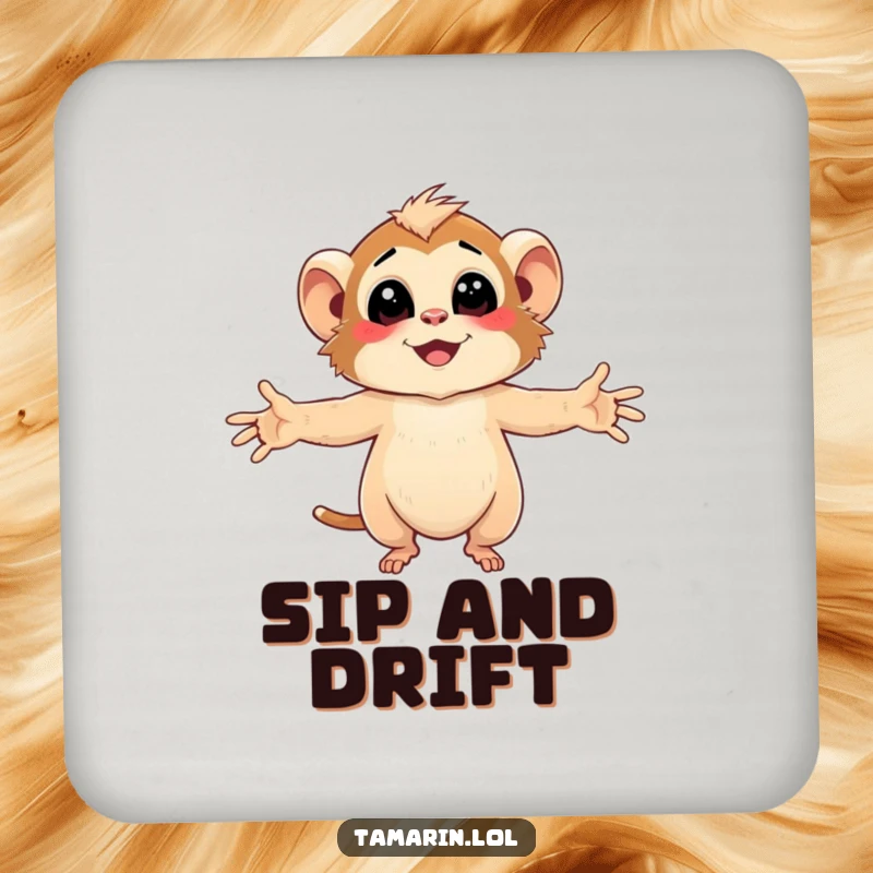 Funny Tamarin Coaster featuring character embracing the gentle, smiling breeze with arms wide open, protecting surfaces.