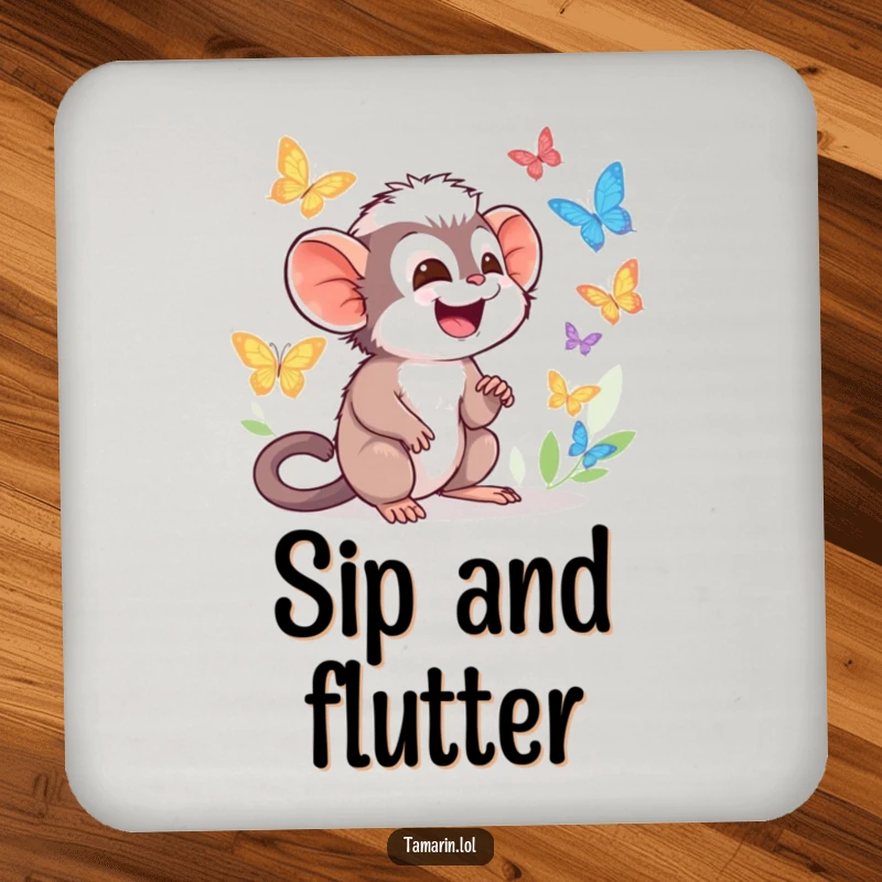 Funny Tamarin Coaster featuring character giggling while watching colorful butterflies flutter by, protecting surfaces.