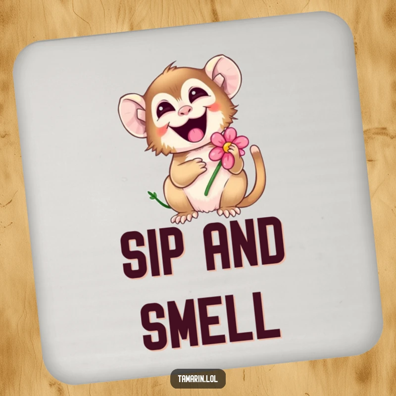 Funny tamarin drink coaster with a happy monkey giggling while holding a flower, adding a joyful touch to tables.