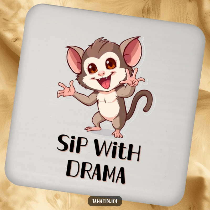 Funny drink coaster featuring a tamarin character striking a dramatic and flamboyant pose with exaggerated flair.