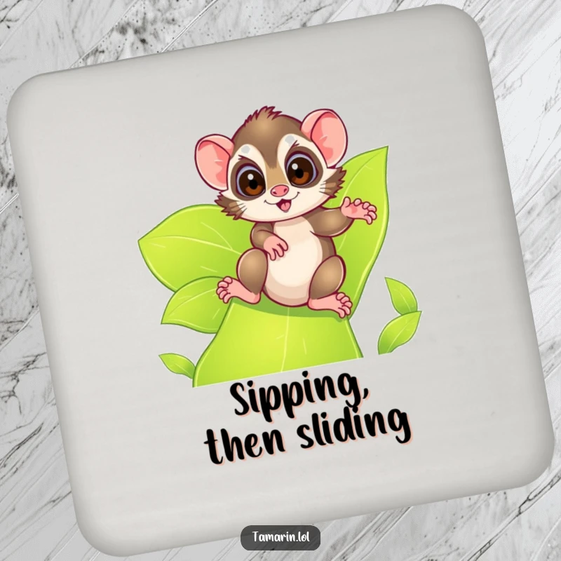 Funny tamarin drink coaster, illustrating an excited tamarin sliding down a leafy green slide, adding an adventurous and protective touch.
