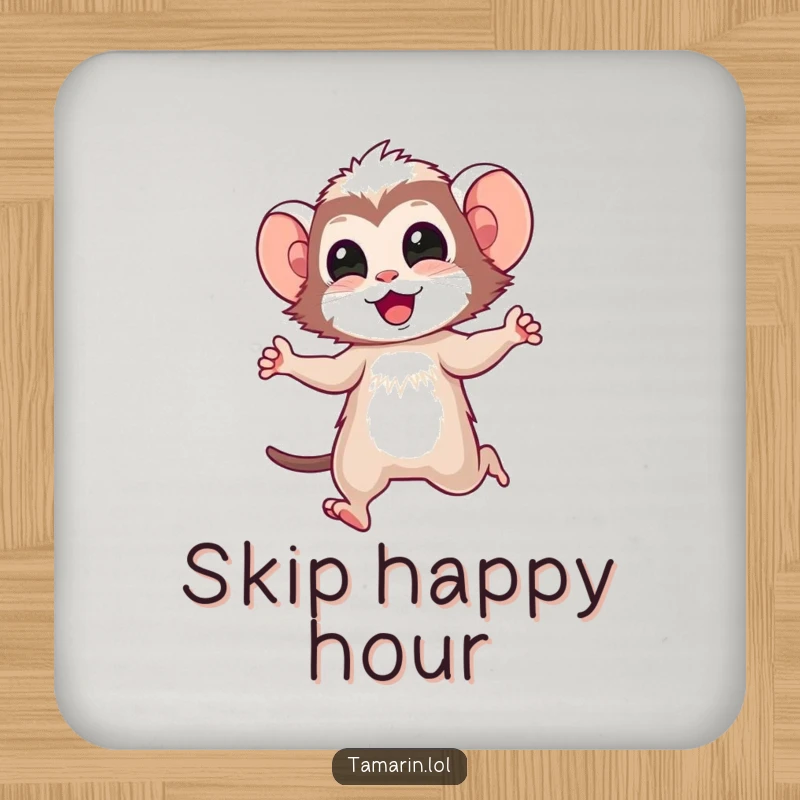 Funny tamarin drink coaster featuring a happy tamarin character doing a joyful skip, bringing primate-themed humor to surfaces.