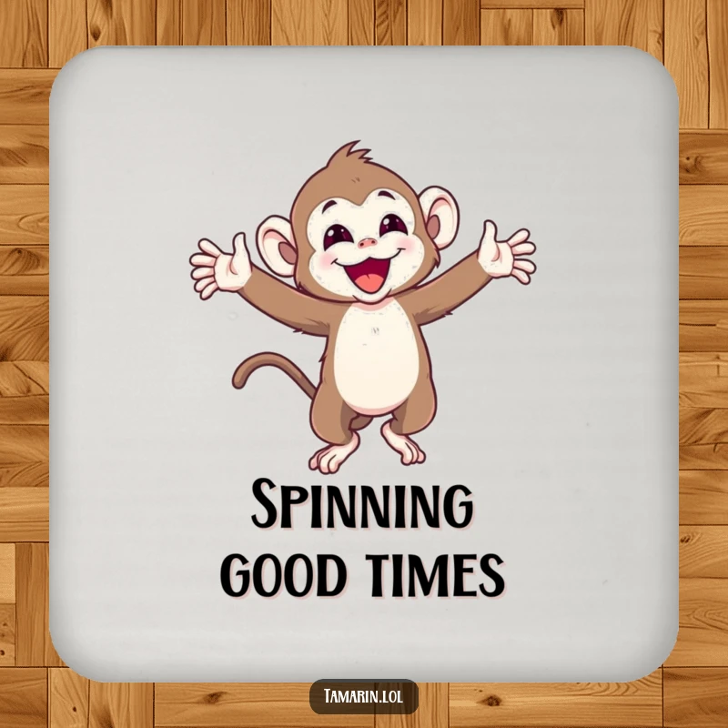 Funny drink coaster featuring a joyful tamarin monkey with arms wide, spinning around, protecting surfaces with happy vibes.