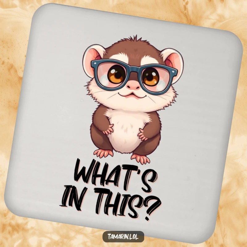 Funny tamarin monkey in big glasses, squinting at a drink, on a protective drink coaster, adding humor to surfaces.