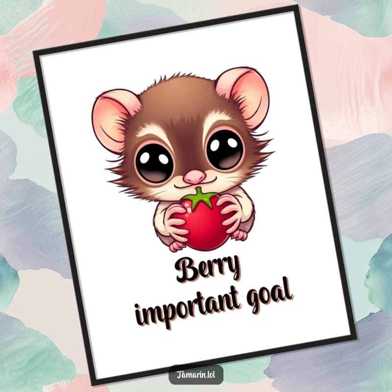 Funny poster featuring a wide-eyed tamarin with an intense gaze fixed on a juicy berry, full of adorable fascination, a great funny gift.