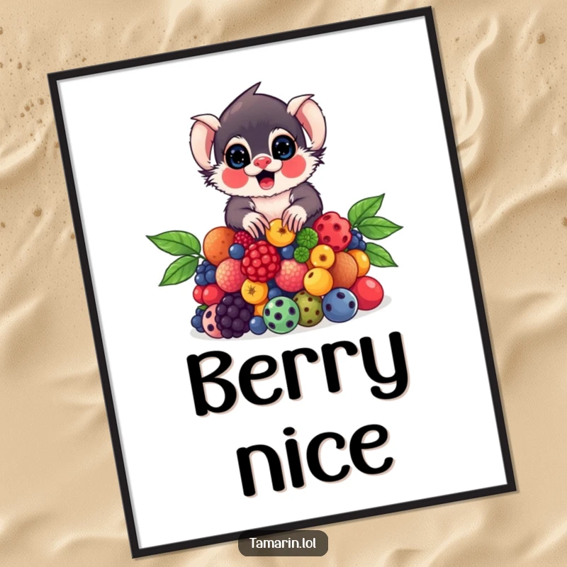 Funny Tamarin Poster showcasing a tamarin with perfect poise, balancing a tall, colorful assortment of berries.