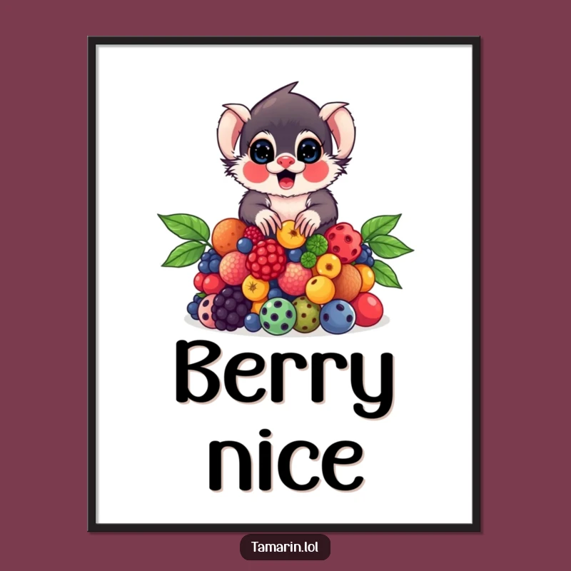 Funny Tamarin Berry Poster: Balancing Primate Art, Whimsical and Funny Gift Decor