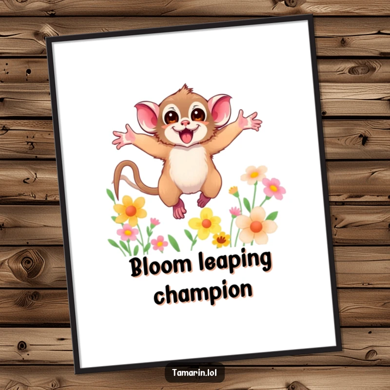 Funny poster of a tamarin with arms wide open, leaping through colorful flowers, adding whimsical charm and humor to wall art.
