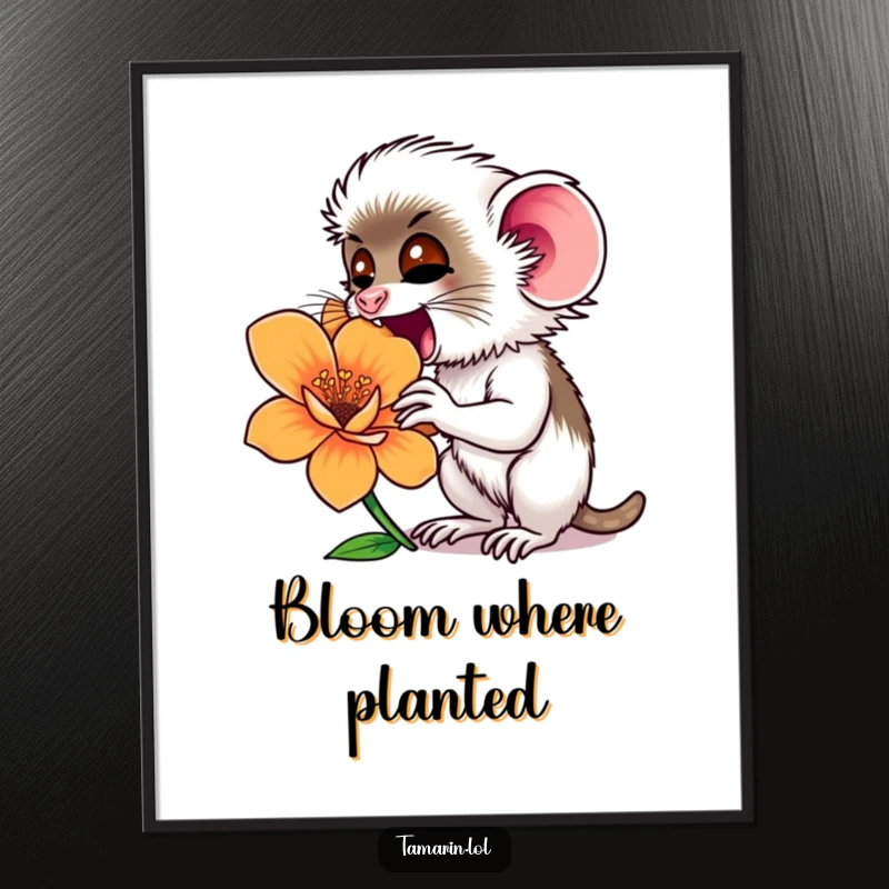 Funny tamarin monkey joyfully sniffing a giant, colorful flower, a delightful and humorous nature-themed art print.