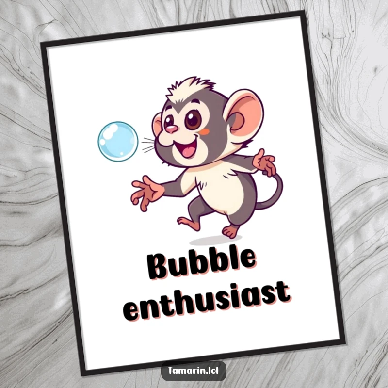 Funny tamarin poster showcasing a delighted monkey playfully running after a floating, shimmering bubble, full of joy.