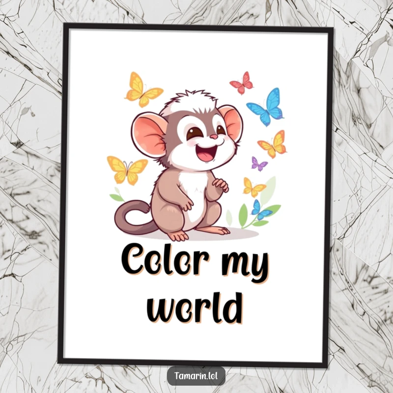 Funny Tamarin Poster featuring character giggling while watching colorful butterflies flutter by, celebrating joy.