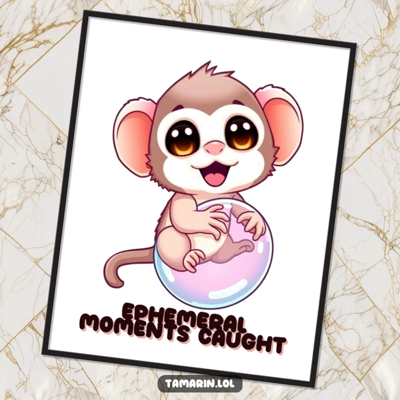 Funny tamarin poster, depicting a tamarin with wide, delighted eyes attempting to ride a floating bubble, a whimsical piece of art.