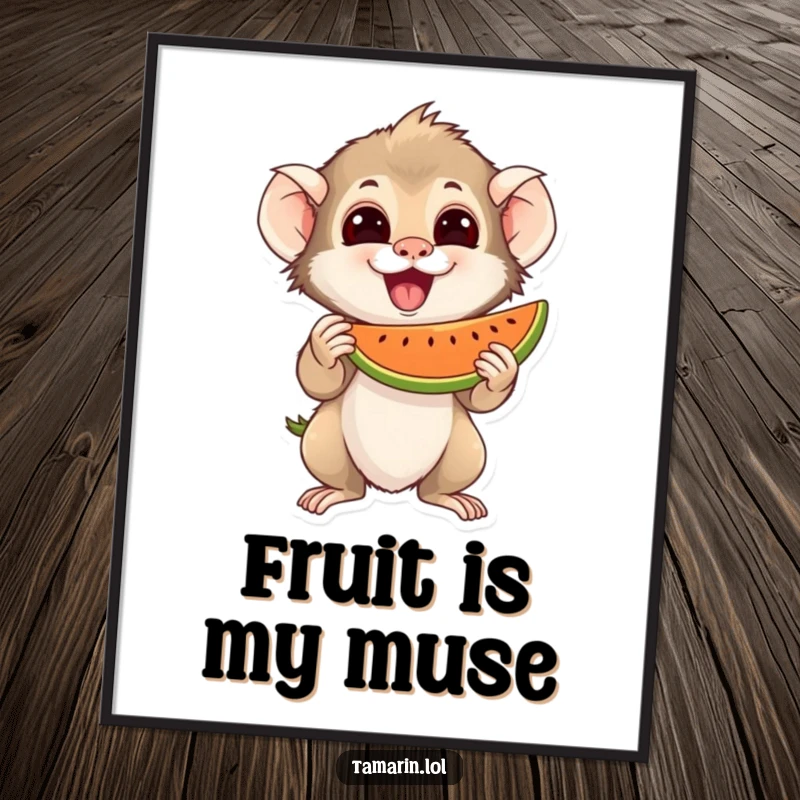 Funny Poster of a tamarin character excitedly holding a juicy piece of fruit, perfect for adding fruity fun decor.