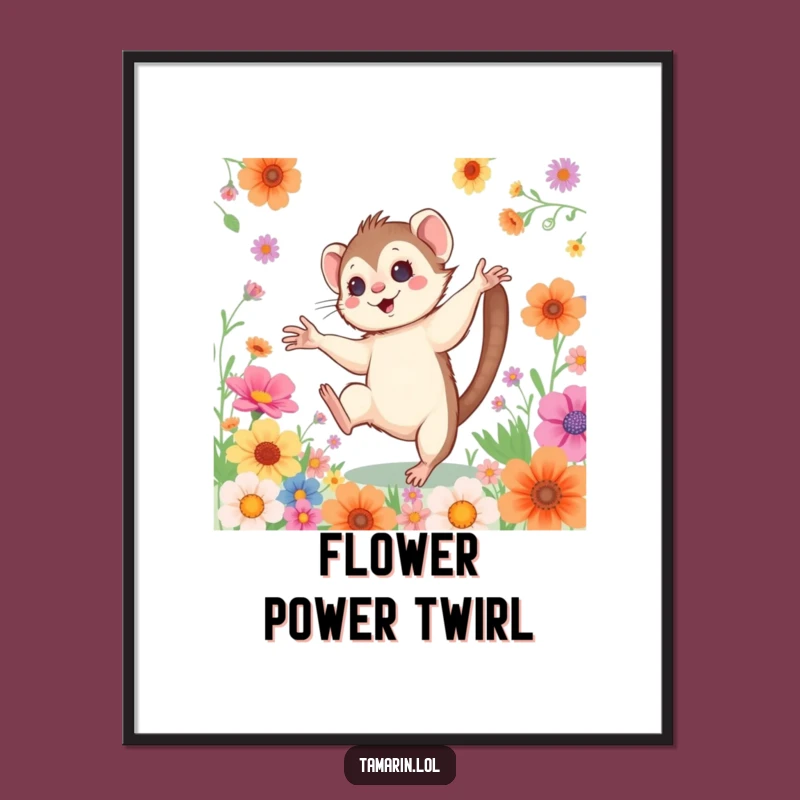 Funny Cartwheeling Tamarin Poster: Joyful Monkey Art Print, Vibrant Floral Decor, Funny Gift