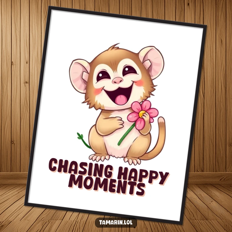 Funny tamarin poster depicting a delightful monkey in mid-giggle, holding a flower, radiating happiness and charm.