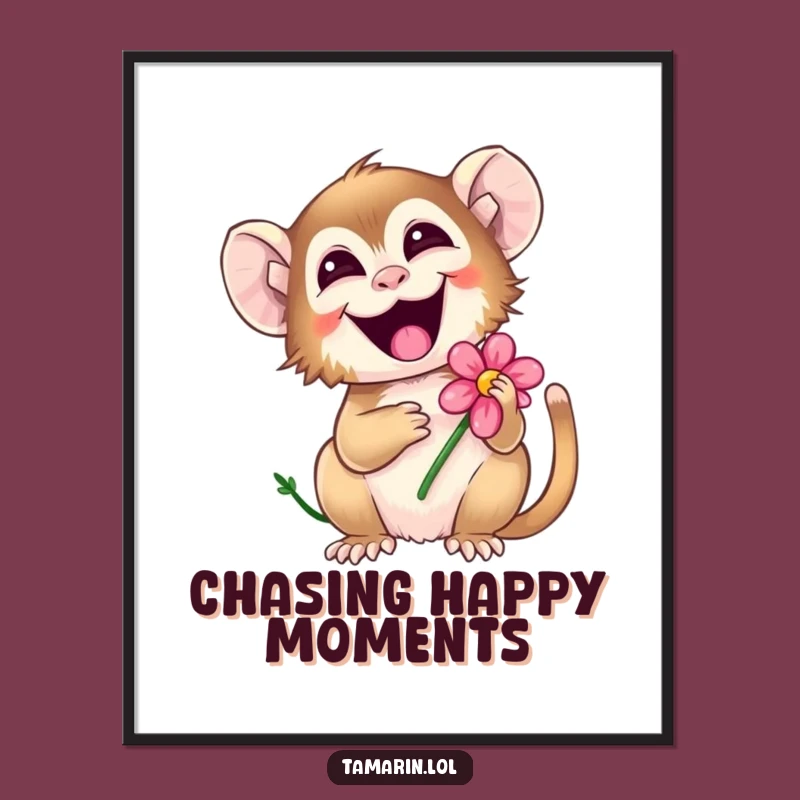 Funny Giggling Tamarin Poster: Joyful Flower Monkey Wall Art Gift