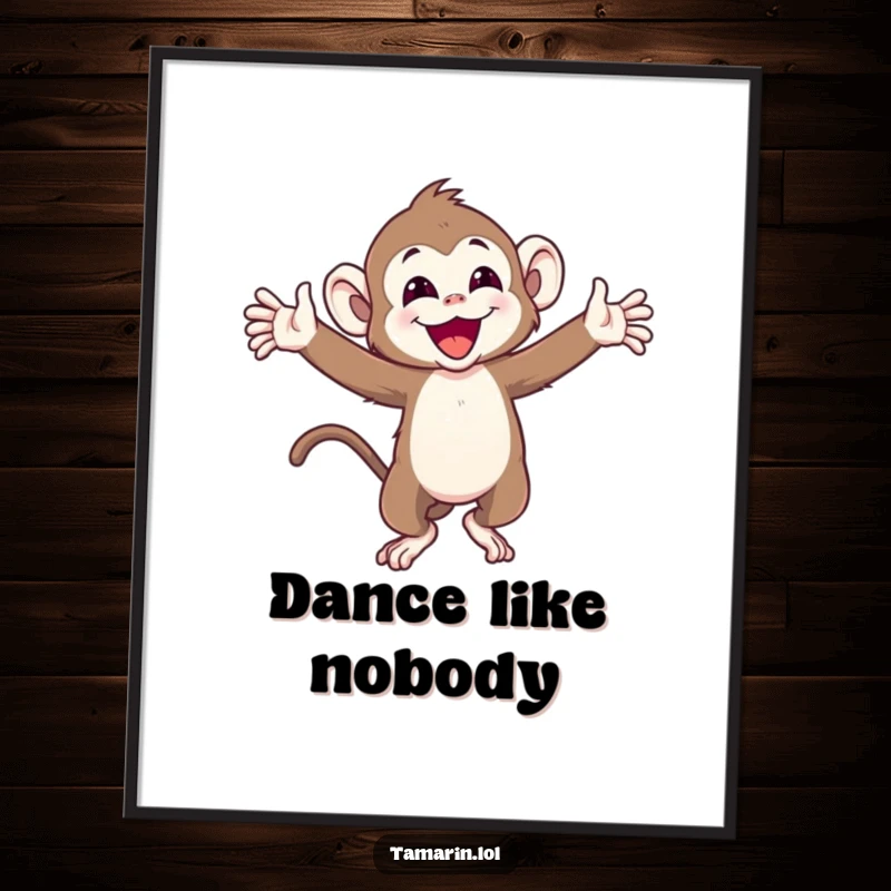 Funny poster art of a joyful tamarin monkey with arms wide, spinning around, exuding pure happiness and vibrant energy.