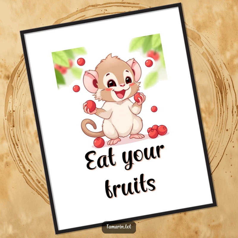Funny poster of a tamarin character in mid-juggle with small berries, eyes wide with glee and a joyful expression.