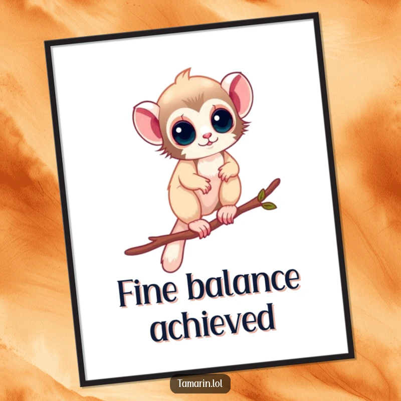 Funny Poster: A tamarin balances skillfully on a thin twig, symbolizing daring and nature’s wonders, an excellent funny gift.