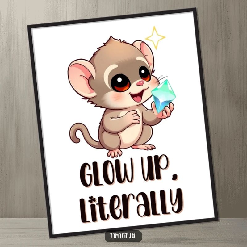 Funny tamarin poster capturing a monkey's awe-struck expression while holding a brilliant, sparkling gem, ideal for humorous decor.