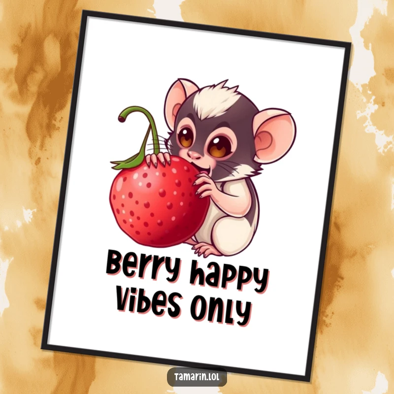 Funny tamarin poster: a vibrant illustration of a gleeful monkey devouring a very large, delicious berry, bringing wall art to life.