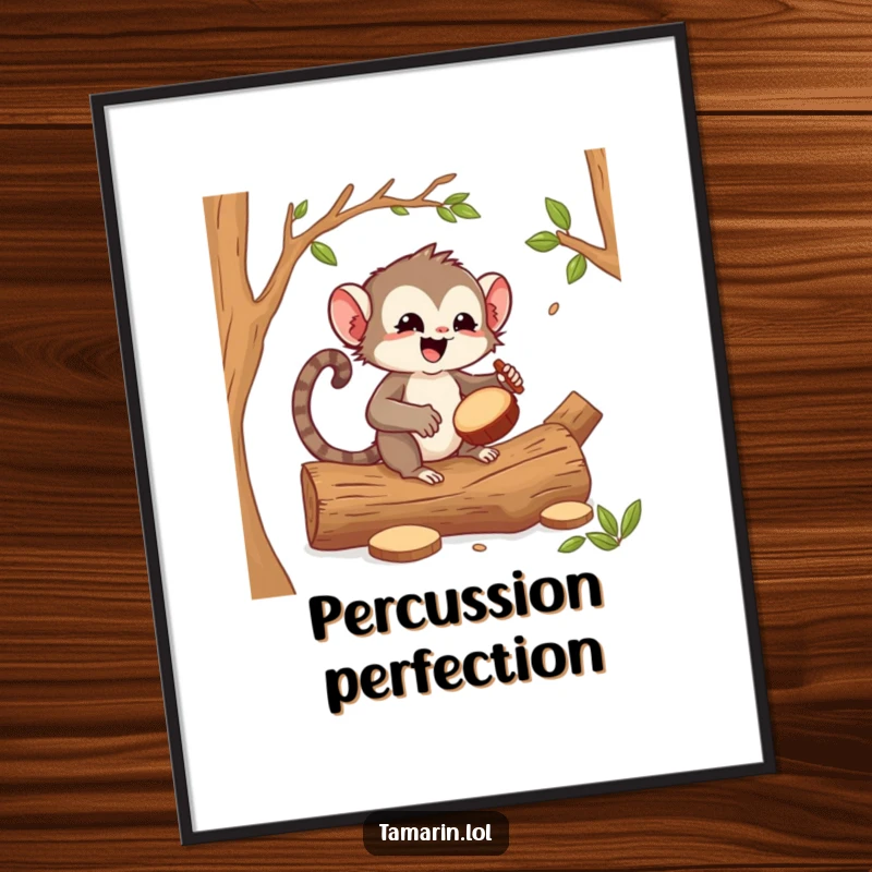 Funny tamarin drummer poster, a lively primate enthusiastically playing drums on hollow logs, bringing vibrant energy and musical cheer.