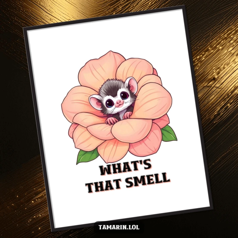 Funny tamarin poster featuring a cute monkey peeking curiously from a beautiful, oversized flower, ideal for wall decor.