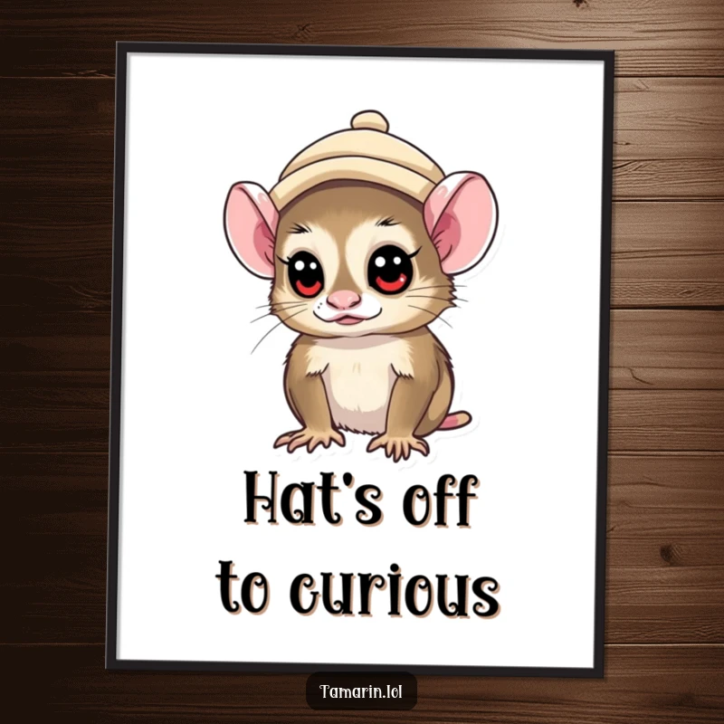 Funny tamarin monkey wearing a small hat, looking curiously around, a charming and humorous art print.