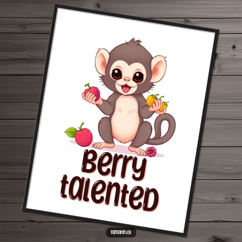 Funny tamarin monkey poster showing a cute primate in mid-juggle with colorful berries, radiating skill and amusement.