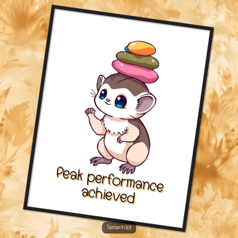 Funny tamarin poster: a vibrant artwork showcasing a monkey with incredible focus, balancing an array of colorful, shiny pebbles on its head.