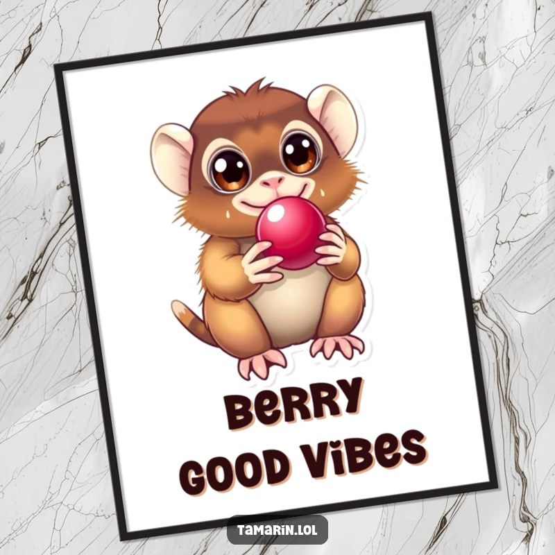Funny Tamarin Poster showing a primate with wide, delighted eyes, holding a shiny berry, ideal wall art for laughter.