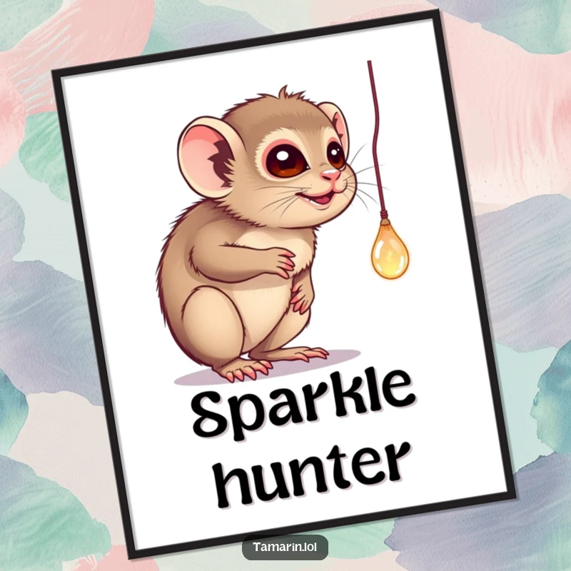 Funny poster of a tamarin batting playfully at a dangling, sparkling object, adding whimsical charm and humor to wall art.