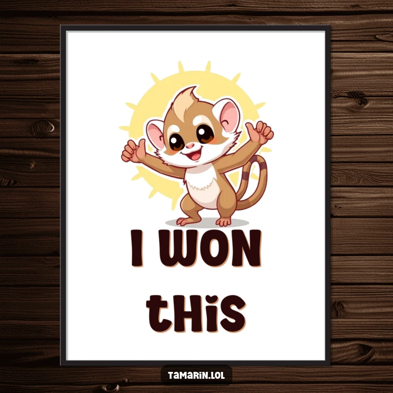 Funny tamarin poster showcasing a triumphant monkey in a dynamic pose against a sun-drenched background, adding humor and vibrancy to any room.