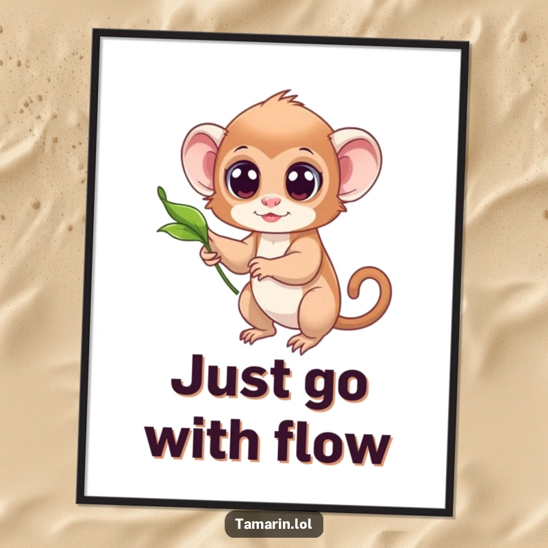 Funny poster capturing a tamarin with large, expressive eyes gently reaching for a single, elegantly floating leaf.