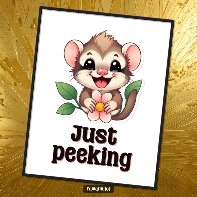 Funny tamarin flower peek poster, a happy tamarin peeking from behind a floral bloom, creating a sense of wonder and joy.