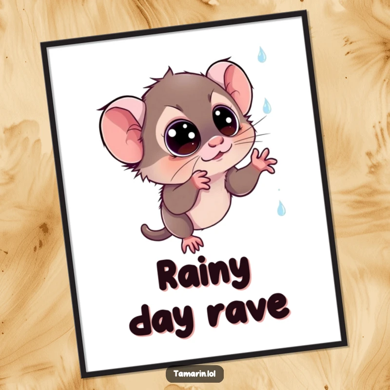 Funny tamarin poster: a visually stunning print of a wide-eyed monkey reaching for magical, sparkling raindrops, creating an atmosphere of wonder.