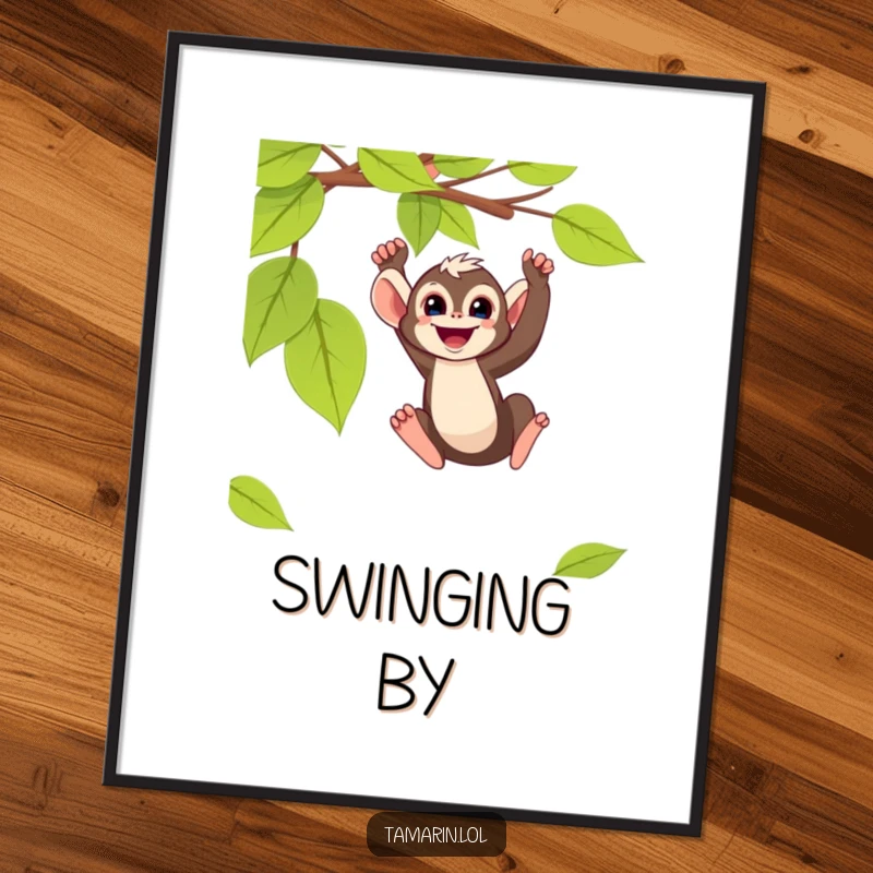 Funny tamarin monkey poster depicting a small primate energetically swinging from a vine, radiating happiness and movement.