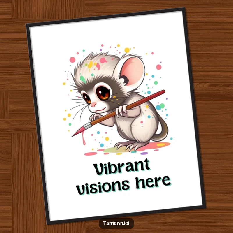 Funny tamarin poster, depicting a tamarin artistically splattering colorful paint from a small brush, a vibrant piece of art for creative spaces.
