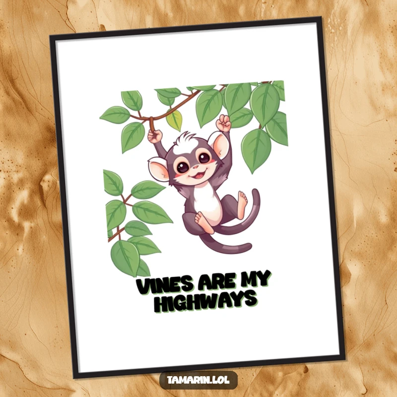 Funny Poster of a cute tamarin character swinging from a vine, perfect for adding playful jungle decor.