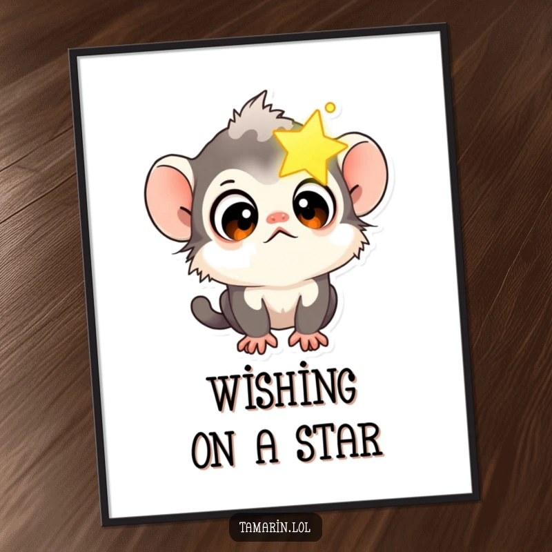 Funny Tamarin Star Gazer Poster depicting a curious tamarin monkey with wide eyes peering into a glowing star.