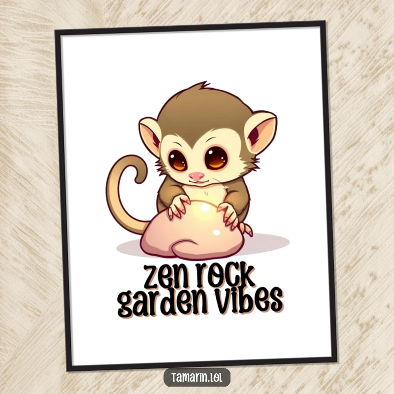 Funny poster art depicting a curious tamarin character intently studying a shiny pebble, adding a whimsical touch to any decor.