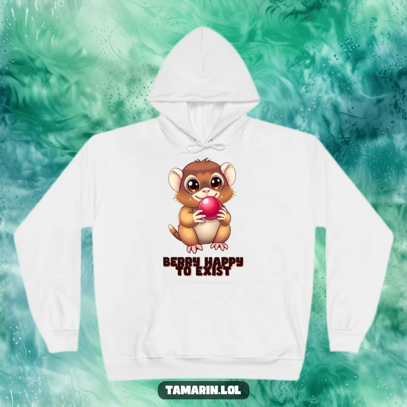 Funny Tamarin Hoodie featuring a cheerful primate with wide, excited eyes, holding a shiny berry, perfect for cozy laughs.