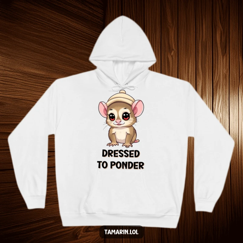 Funny tamarin monkey wearing a small hat, looking curiously outward, depicted on a soft and warm hoodie.