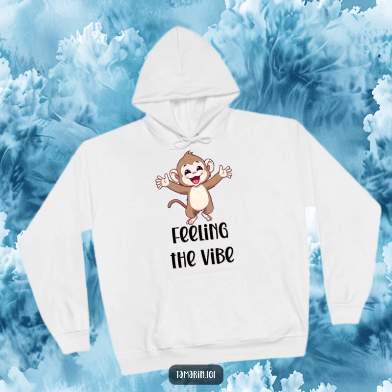 Funny hoodie featuring a joyful tamarin monkey with arms wide, spinning happily, offering warmth and a dose of pure elation.
